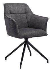 Grauer Armlehnstuhl mit schwarzem Metallgestell, seitliche Perspektive