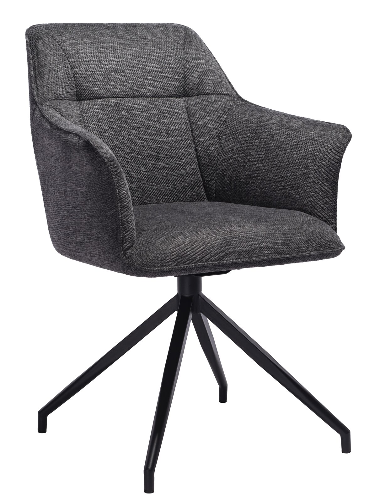 Grauer Armlehnstuhl mit schwarzem Metallgestell, seitliche Perspektive