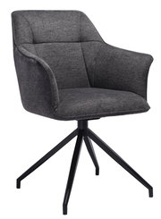 Grauer Armlehnstuhl mit schwarzem Metallgestell, seitliche Perspektive