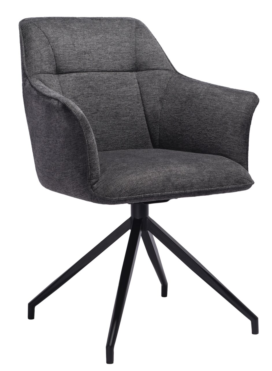 Grauer Armlehnstuhl mit schwarzem Metallgestell, seitliche Perspektive