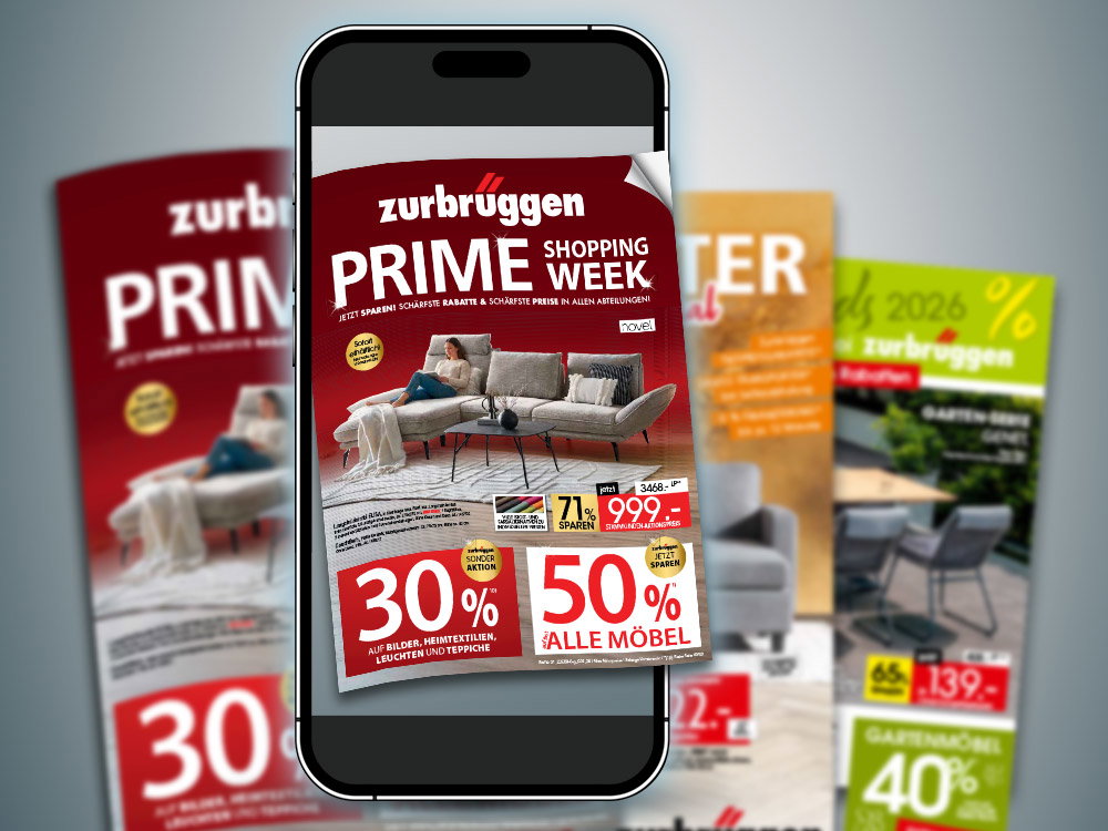 Drei Zurbrüggen-Prospekte mit Angeboten für Möbel und Gartenmöbel vor grauem Hintergrund.
