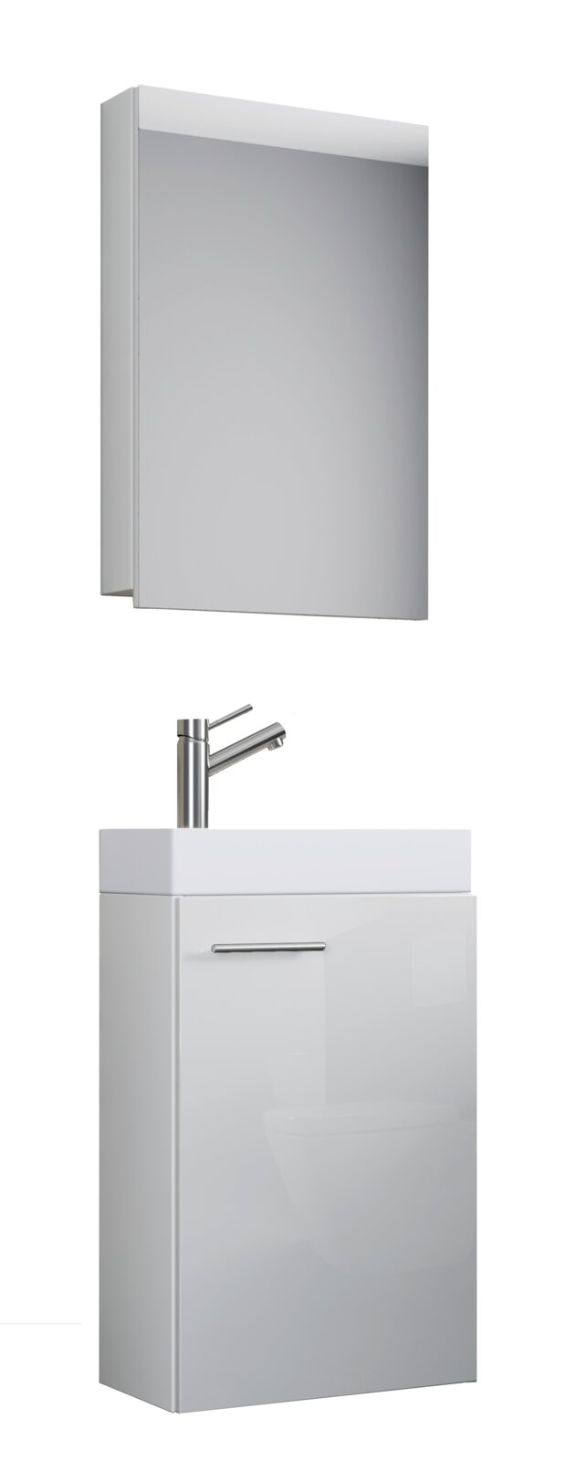 VCM 3-tlg. Gäste-Waschplatz SLITO Modernes weißes Badmöbel-Set mit Spiegel, Waschbecken und Waschtischunterschrank mit Griff, schräg von vorne links fotografiert