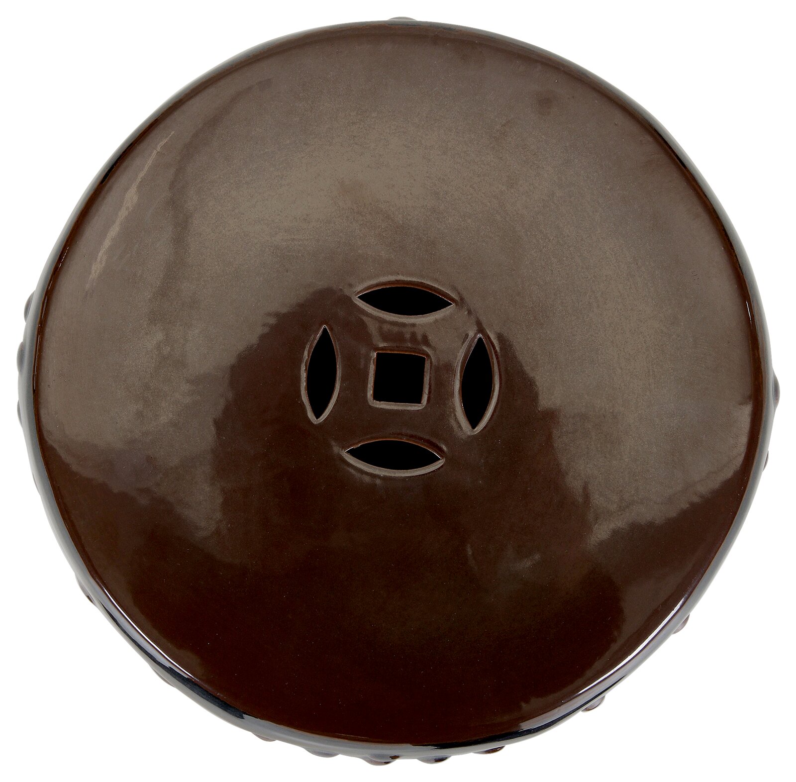 Runder, braun glasierter Keramikdeckel mit dekorativen Aussparungen in der Mitte, Draufsicht von oben