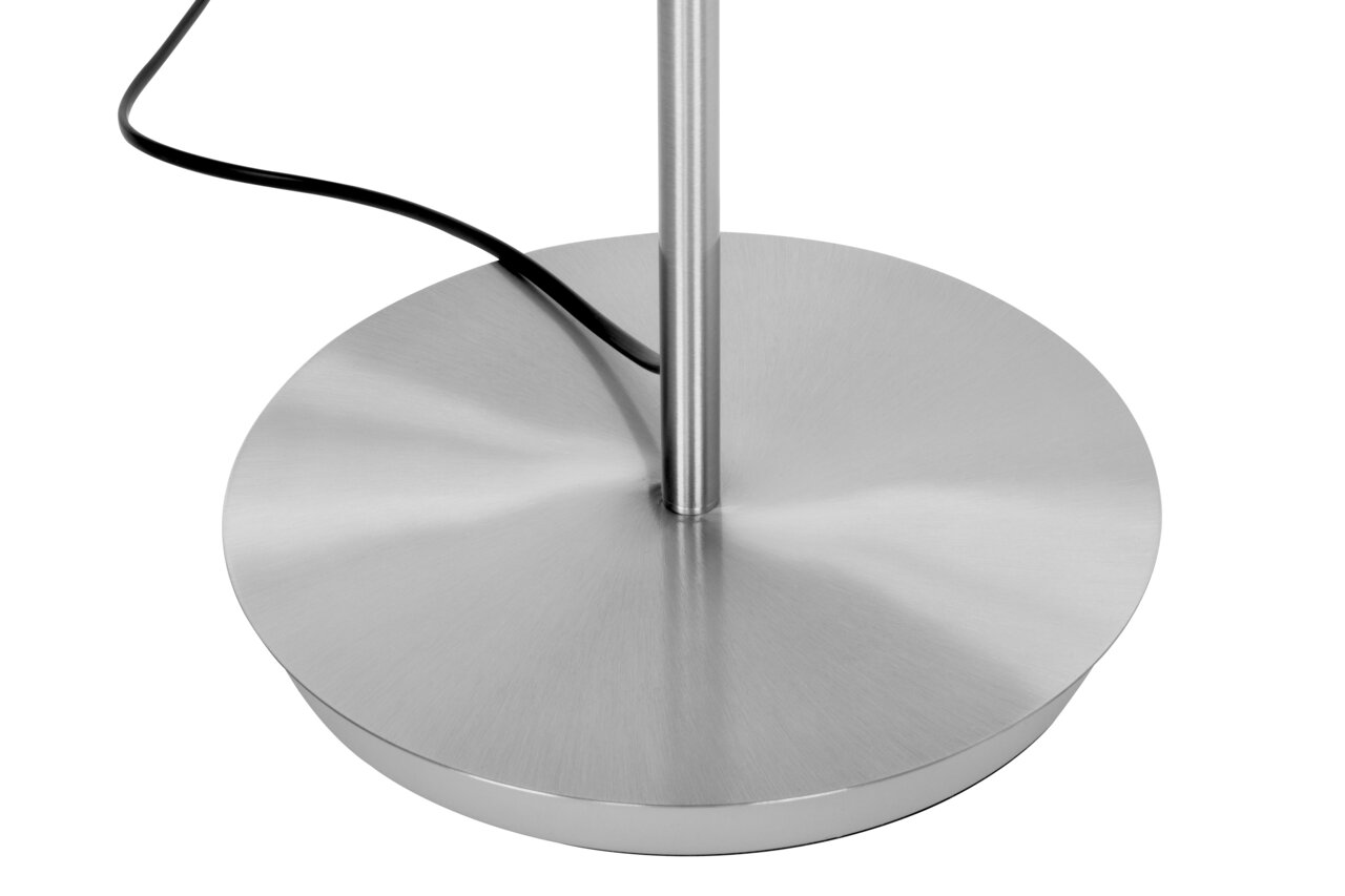 Nahaufnahme der Basis eines LED-Deckenfluters aus gebürstetem Metall mit schwarzem Kabel, von oben betrachtet.