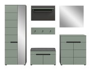 Modernes Garderoben-Set in Salbeigrün und Grau mit hohem Schrank, Schuhbank mit Sitzpolster, Kommode, Spiegel, Wandablage und Hakenleiste, frontale Ansicht