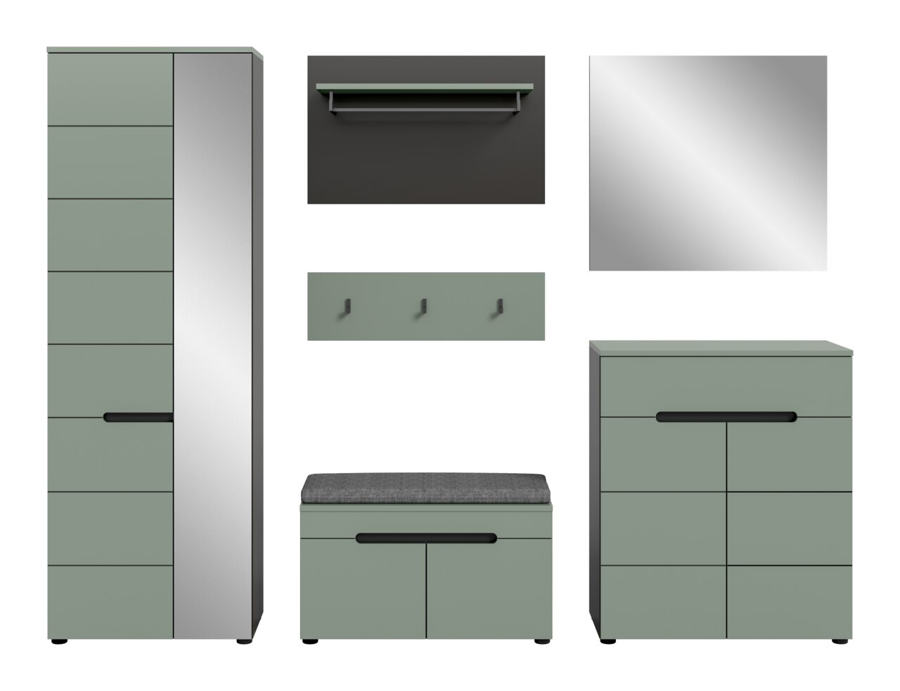 Modernes Garderoben-Set in Salbeigrün und Grau mit hohem Schrank, Schuhbank mit Sitzpolster, Kommode, Spiegel, Wandablage und Hakenleiste, frontale Ansicht