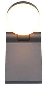 Moderne Wandleuchte ADOUR in dunklem Gehäuse mit leuchtendem, runden Lampenschirm, Ansicht von vorne.