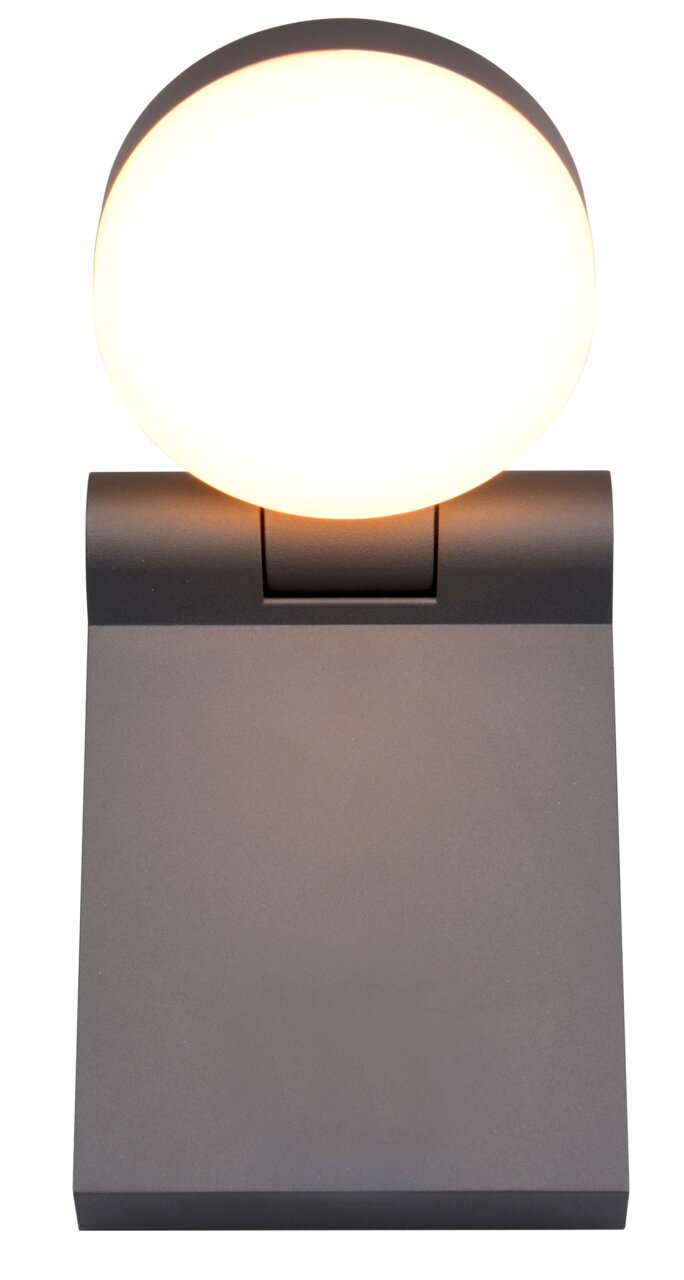 Moderne wandlamp ADOUR met een donkere behuizing en een lichtgevende, ronde lampenkap, gezien van voren.