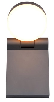 Moderne wandlamp ADOUR met een donkere behuizing en een lichtgevende, ronde lampenkap, gezien van voren.