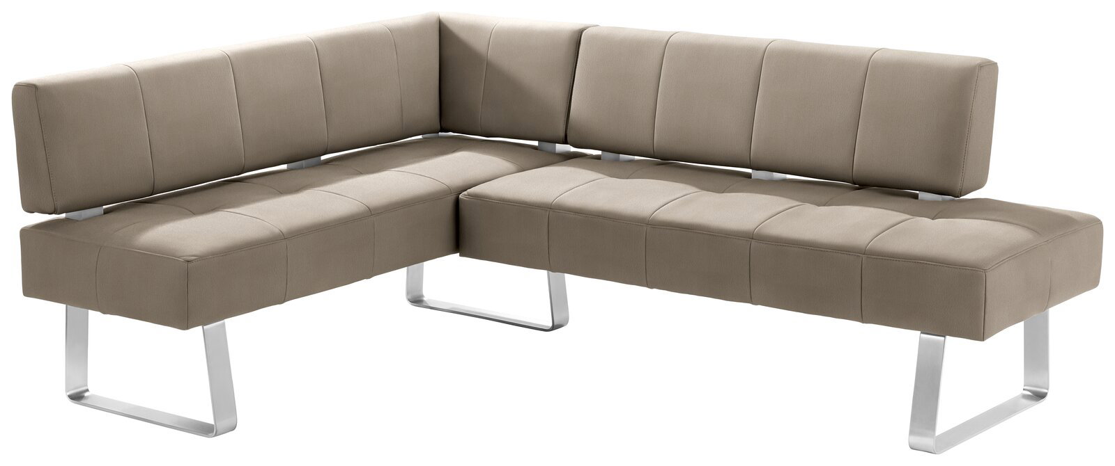 Moderne Eckbank in L-Form mit beigem Polster und Metallbeinen, seitliche Perspektive