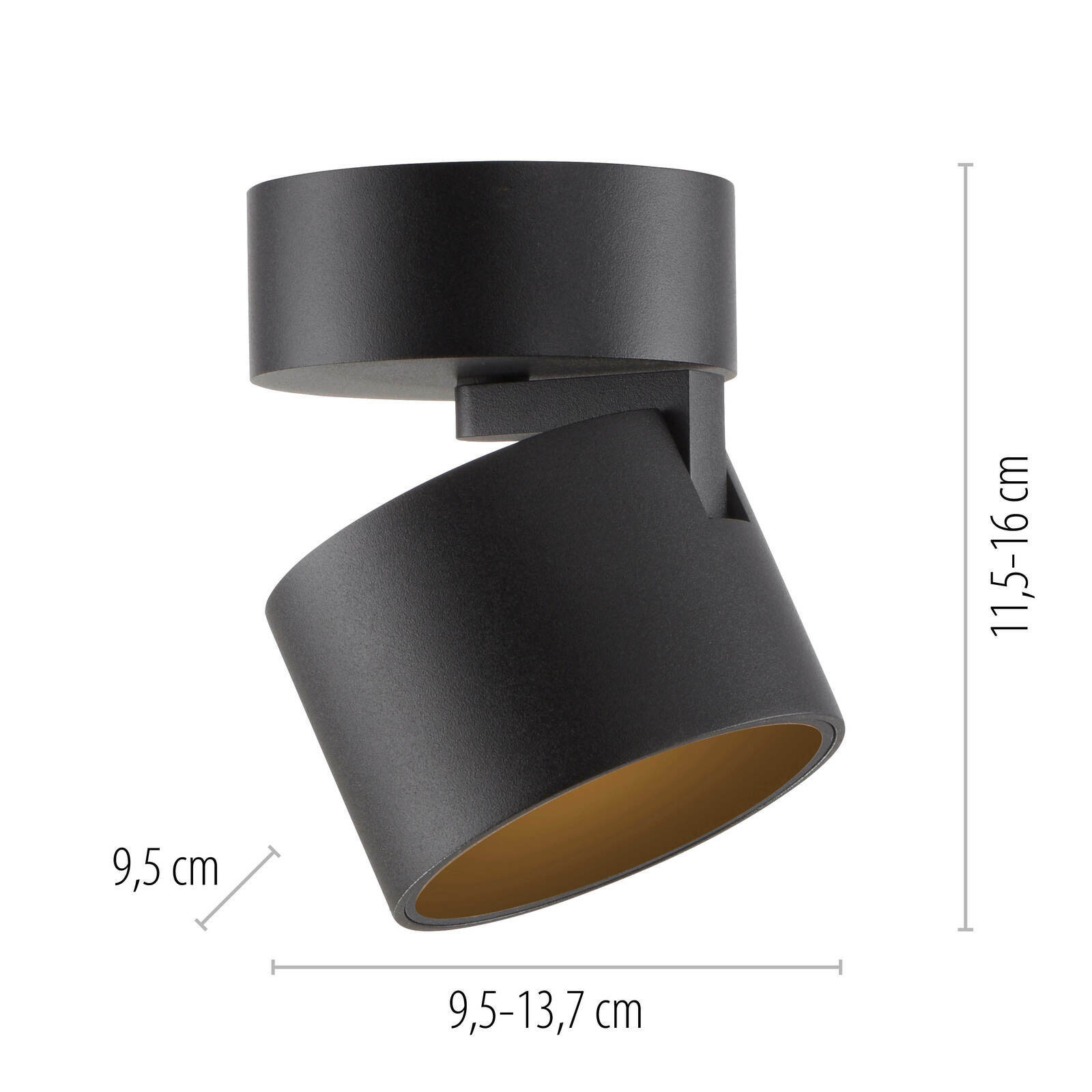 Schwarzer LED-Spot aus seitlicher Perspektive mit verstellbarem Kopf, Maße 9,5-13,7 cm Breite und 11,5-16 cm Höhe.