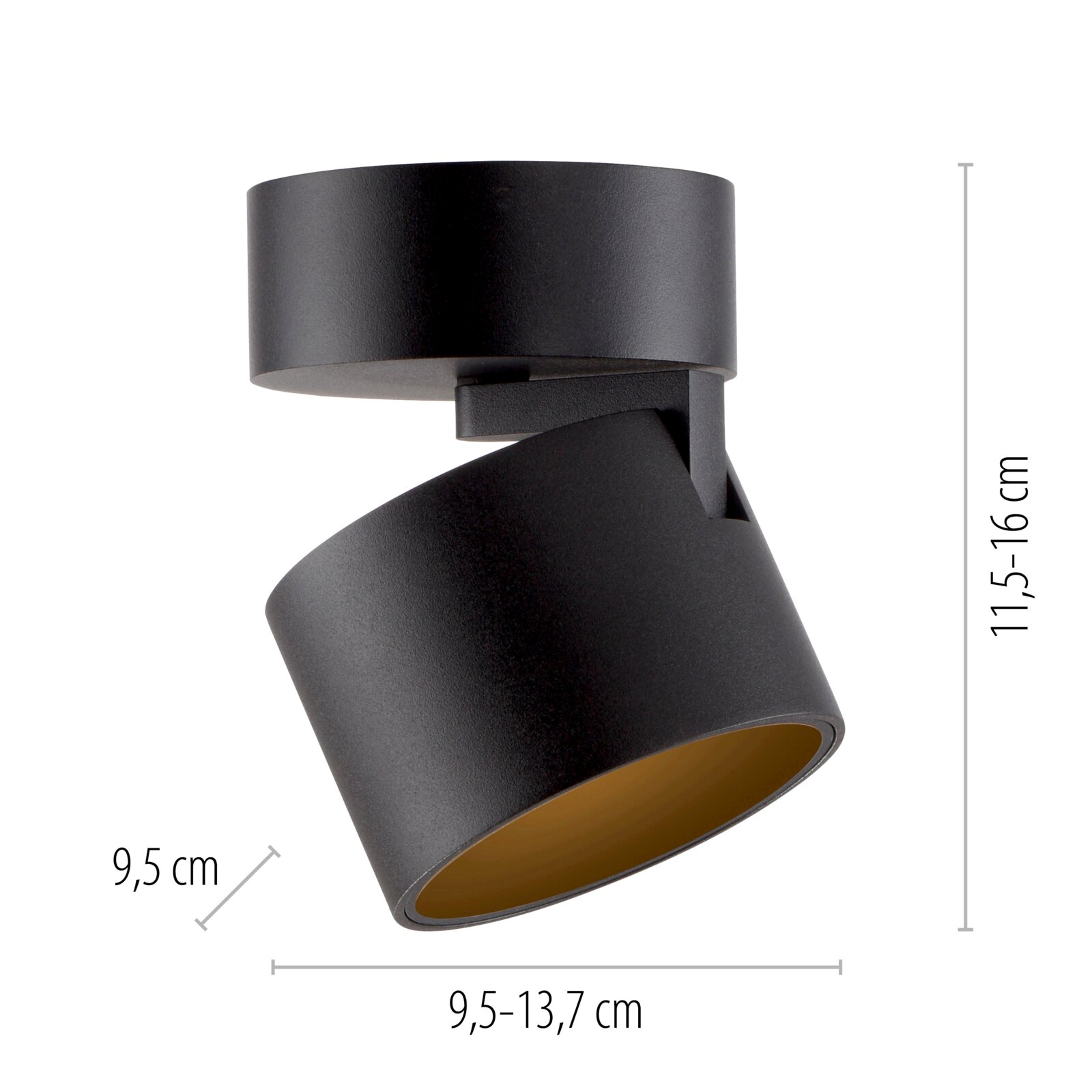 Schwarzer LED-Spot aus seitlicher Perspektive mit verstellbarem Kopf, Maße 9,5-13,7 cm Breite und 11,5-16 cm Höhe.