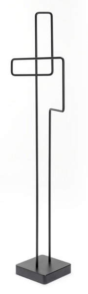 Moderner Stummer Diener aus schwarzem Metall mit minimalistischem Design, seitliche Perspektive.