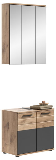 Badezimmerschrank-Kombination mit Holzoptik und Spiegeln, bestehend aus einem Hängeschrank mit drei Spiegeltüren und einem Unterschrank mit Schubladen und Türen, seitliche Perspektive.