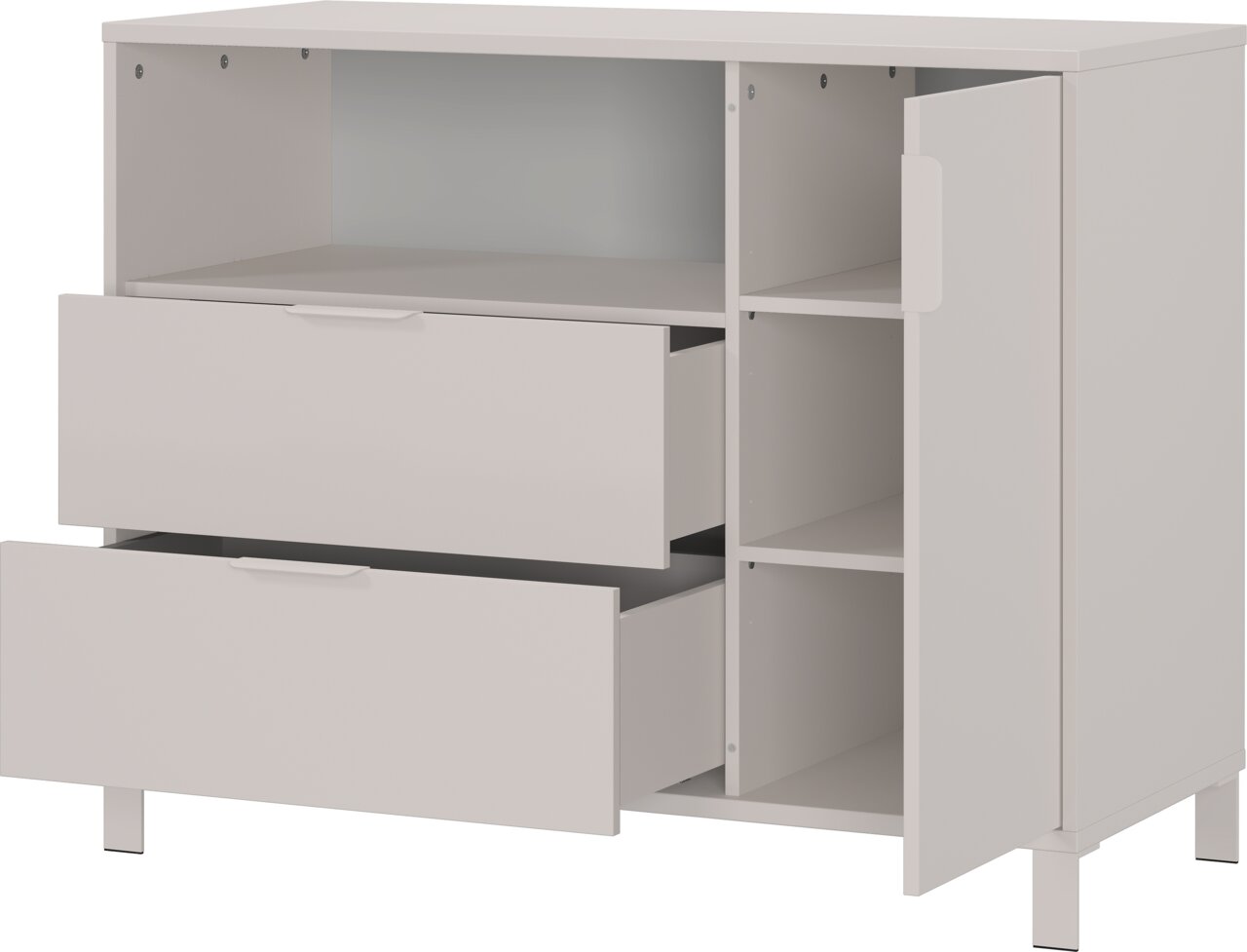 Weiße Kommode mit zwei offenen Schubladen und einer geöffneten Tür, seitliche Perspektive