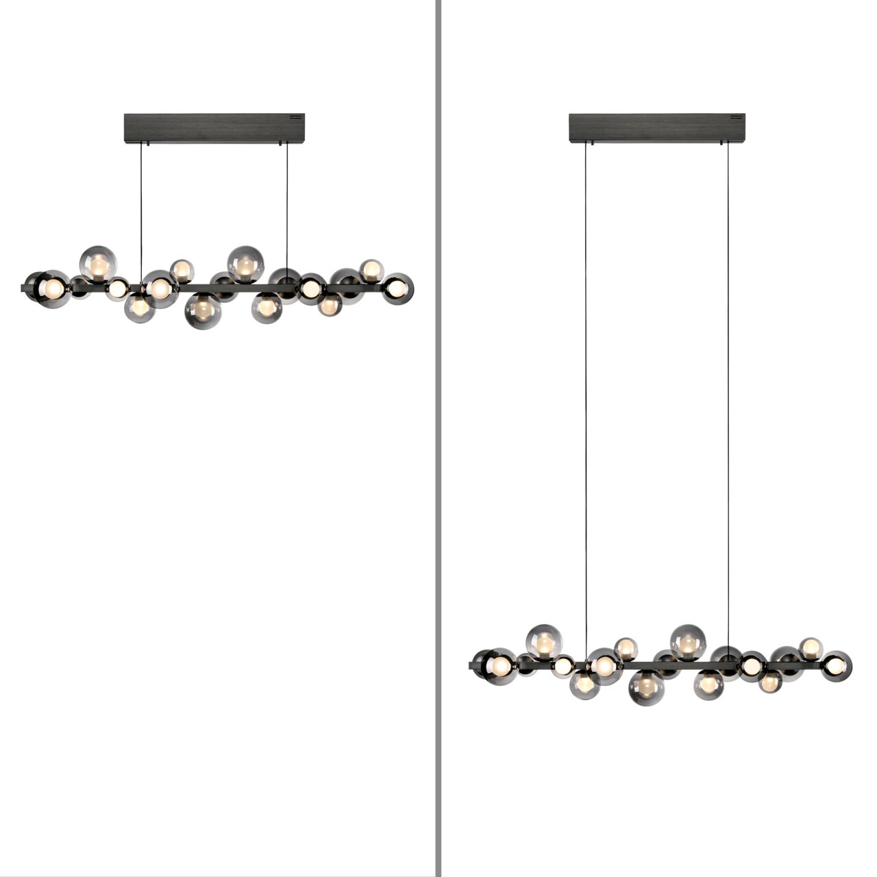 Moderne LED-Pendelleuchte mit mehreren kugelförmigen Leuchtkörpern, seitliche und frontale Ansicht.