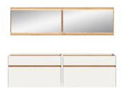 Modernes Doppelbett-Kopfteil in Weiß mit Holz-Akzenten, oben mit zwei integrierten Spiegelflächen; Ansicht von vorne.