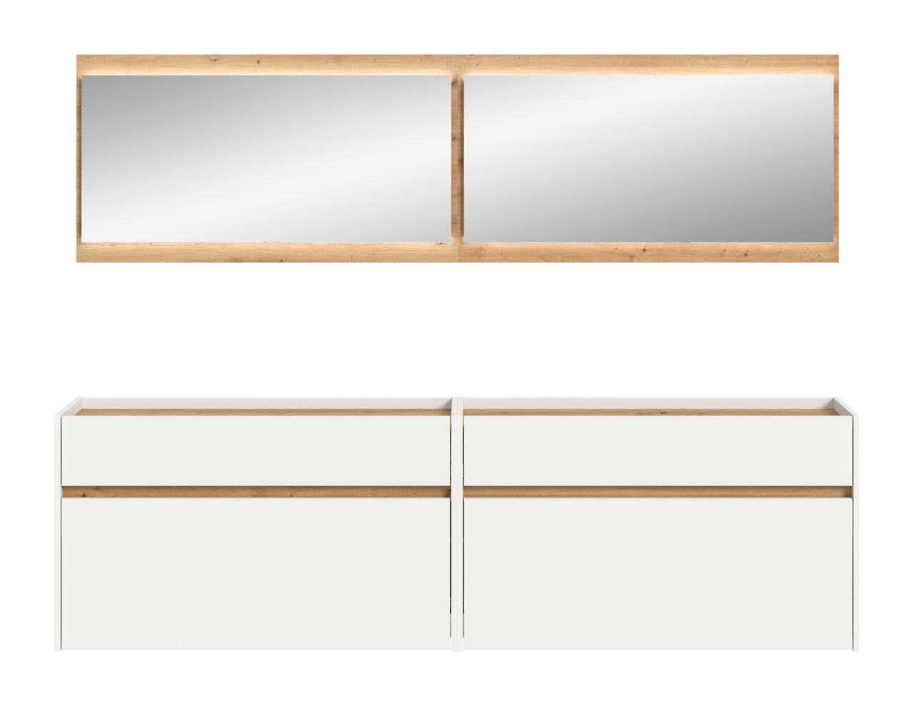 Modernes Doppelbett-Kopfteil in Weiß mit Holz-Akzenten, oben mit zwei integrierten Spiegelflächen; Ansicht von vorne.