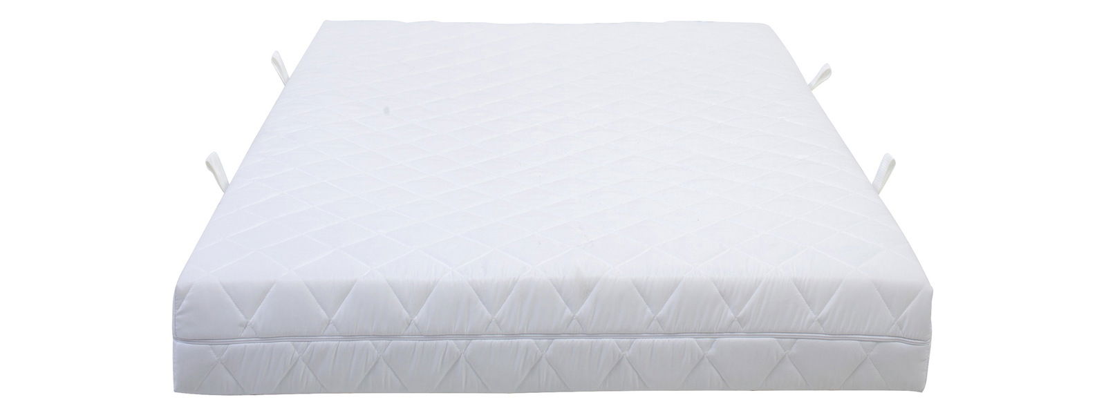 Bonellfederkernmatratze in Seitenansicht mit weißem Bezug und Tragegriffen