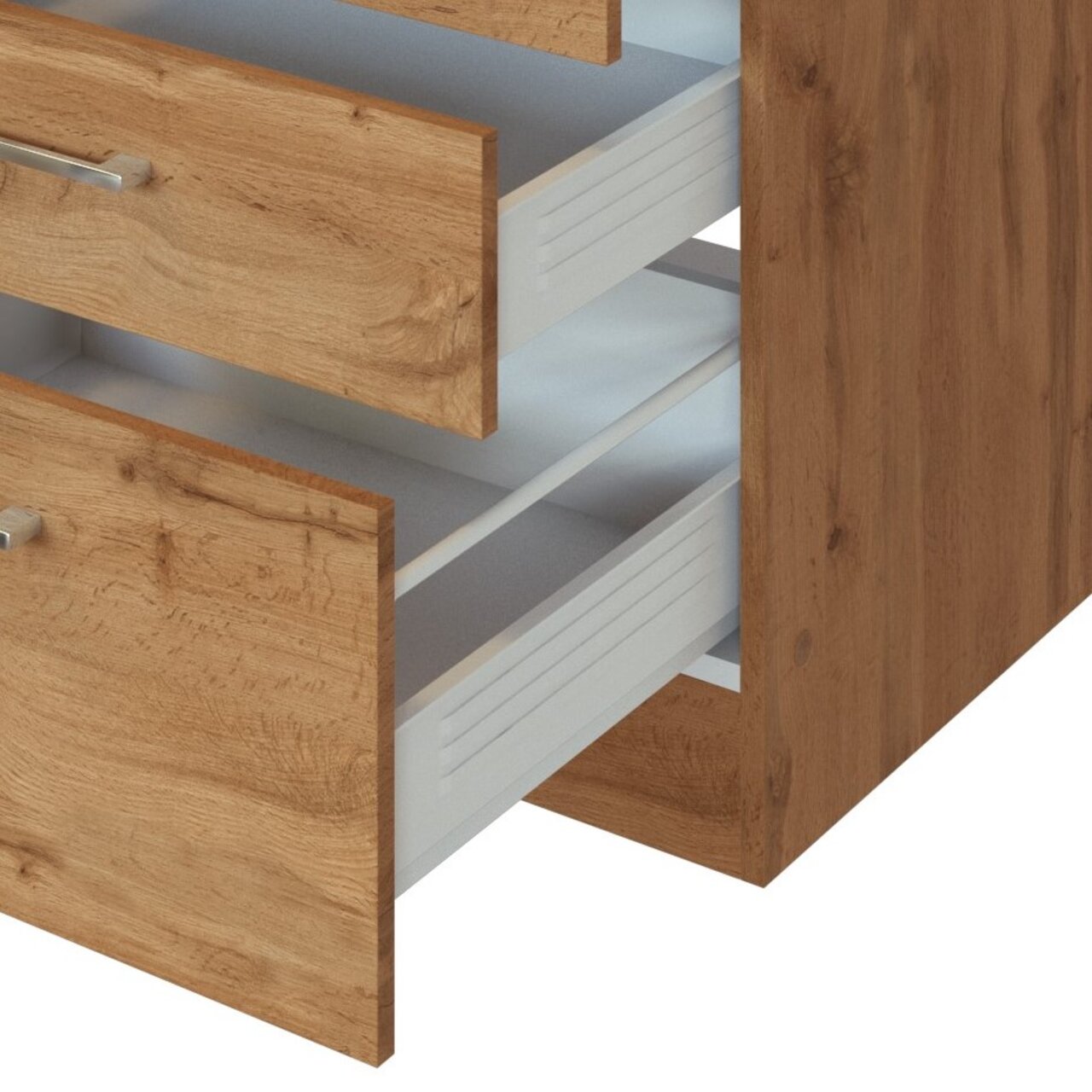 Nahaufnahme einer Küchenschublade aus Holz mit zwei geöffneten Schubladen, seitliche Perspektive