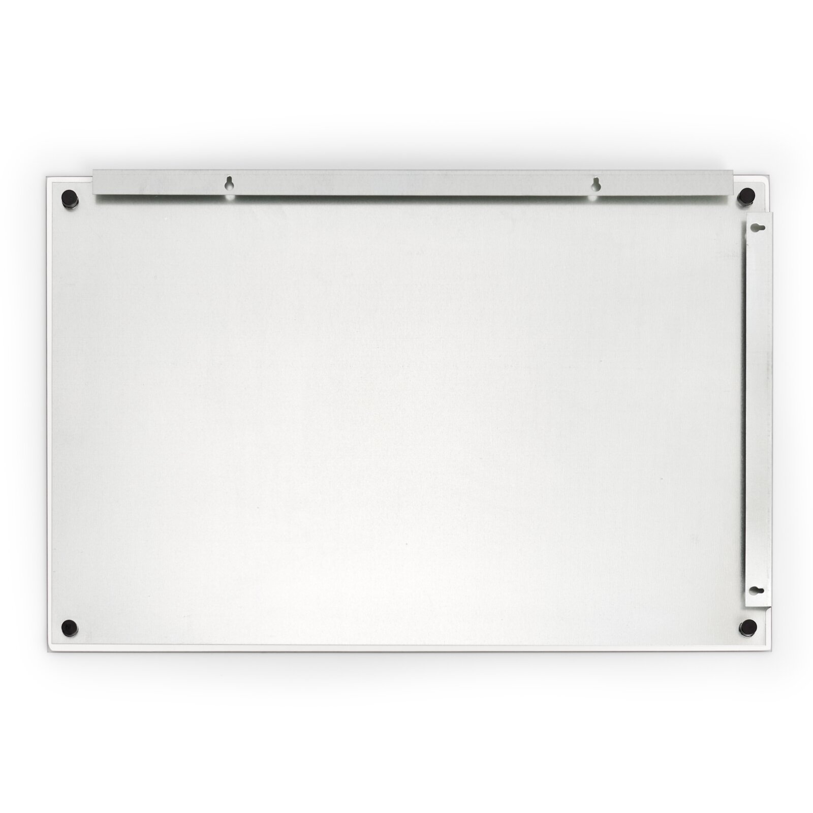 Glas-Memoboard in rechteckiger Form, Ansicht von oben, mit Befestigungselementen an den Ecken.