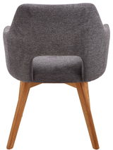 Rückansicht eines grauen Sessels mit Holzbeinen