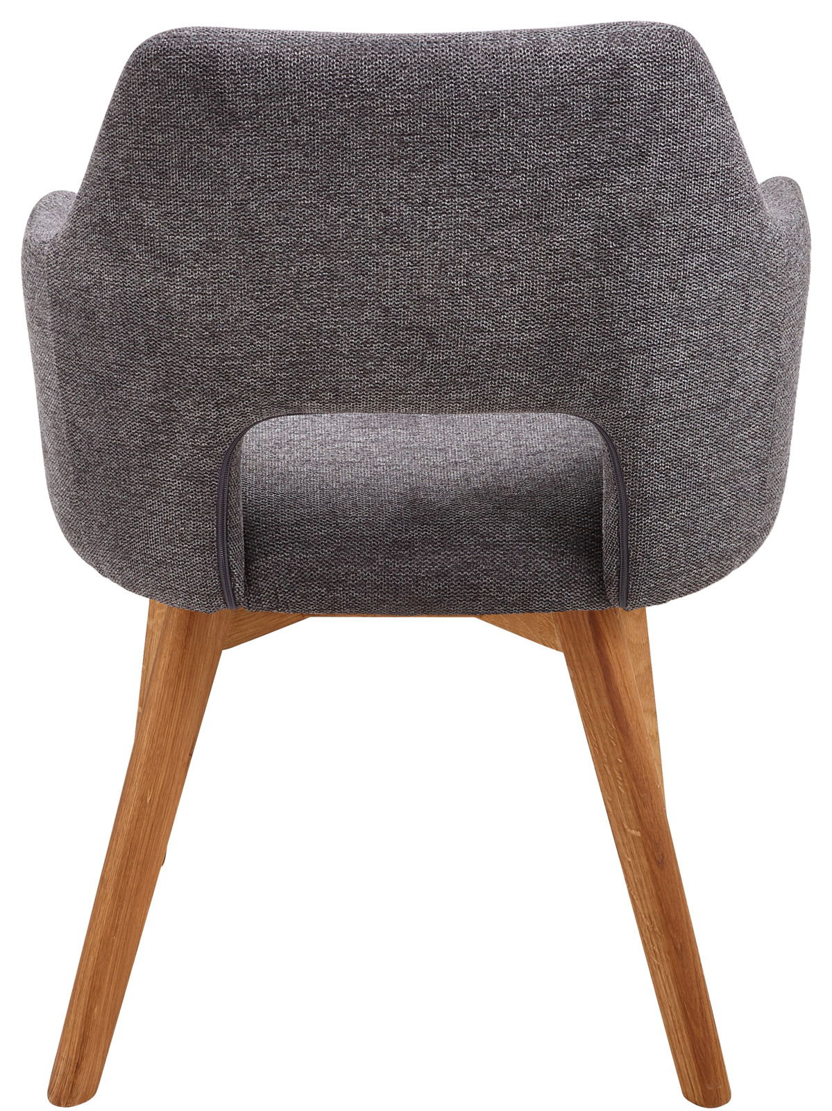 Rückansicht eines grauen Sessels mit Holzbeinen