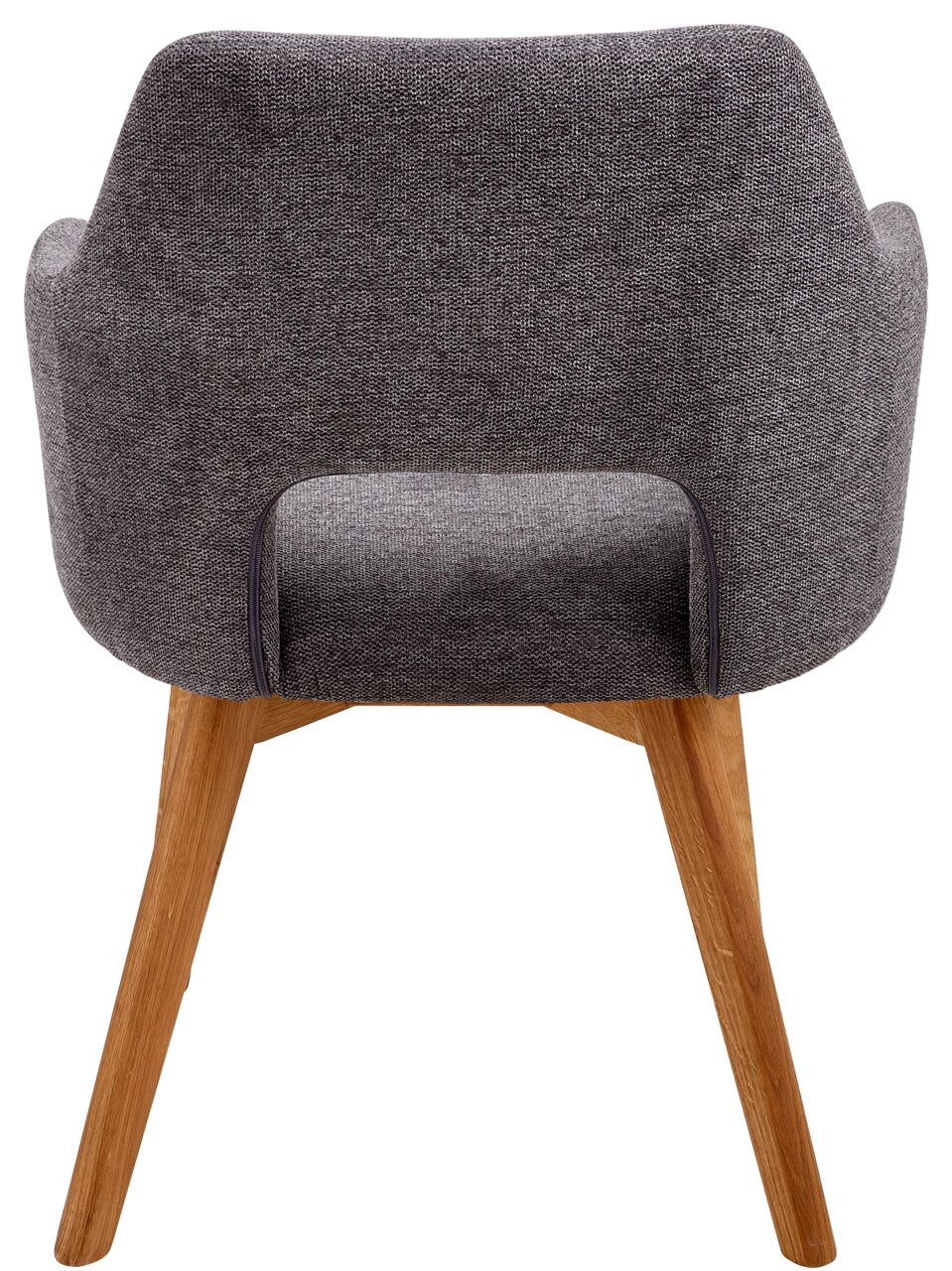 Rückansicht eines grauen Sessels mit Holzbeinen