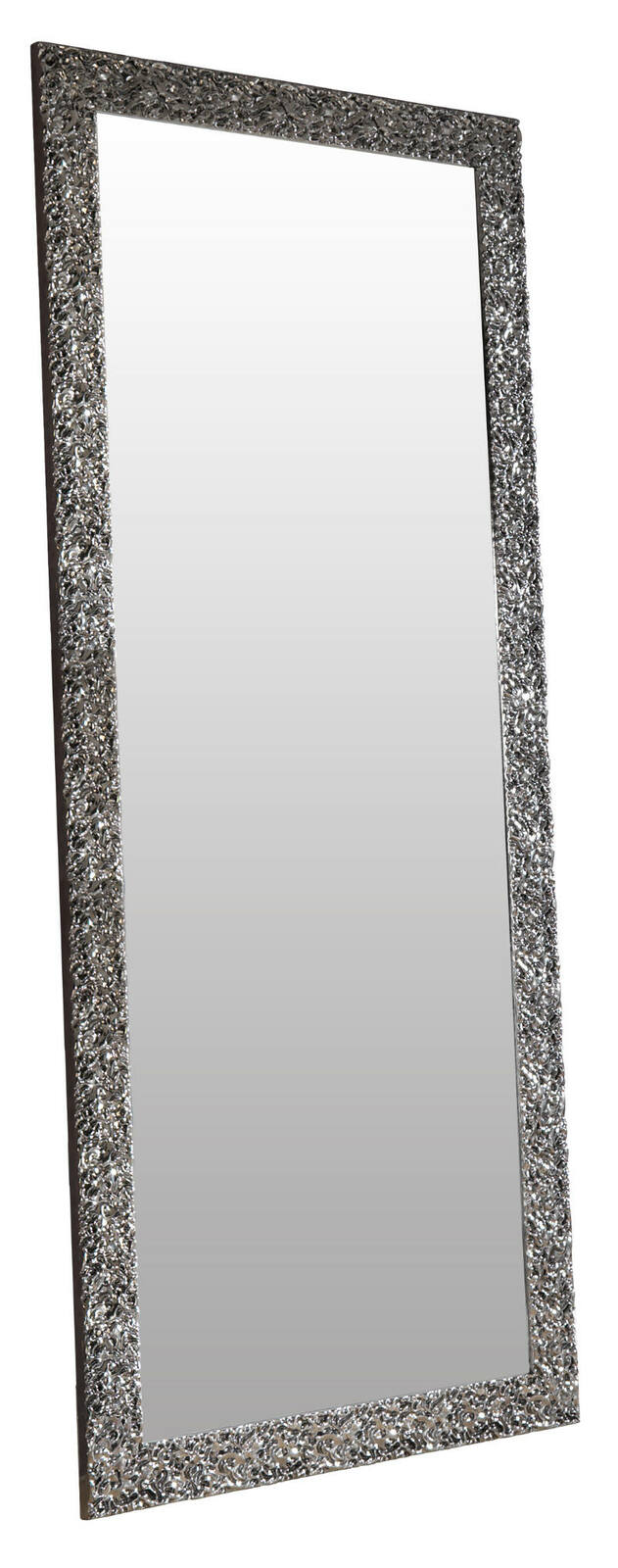 Großer rechteckiger Spiegel mit dekorativem, silbernem Rahmen, seitliche Perspektive