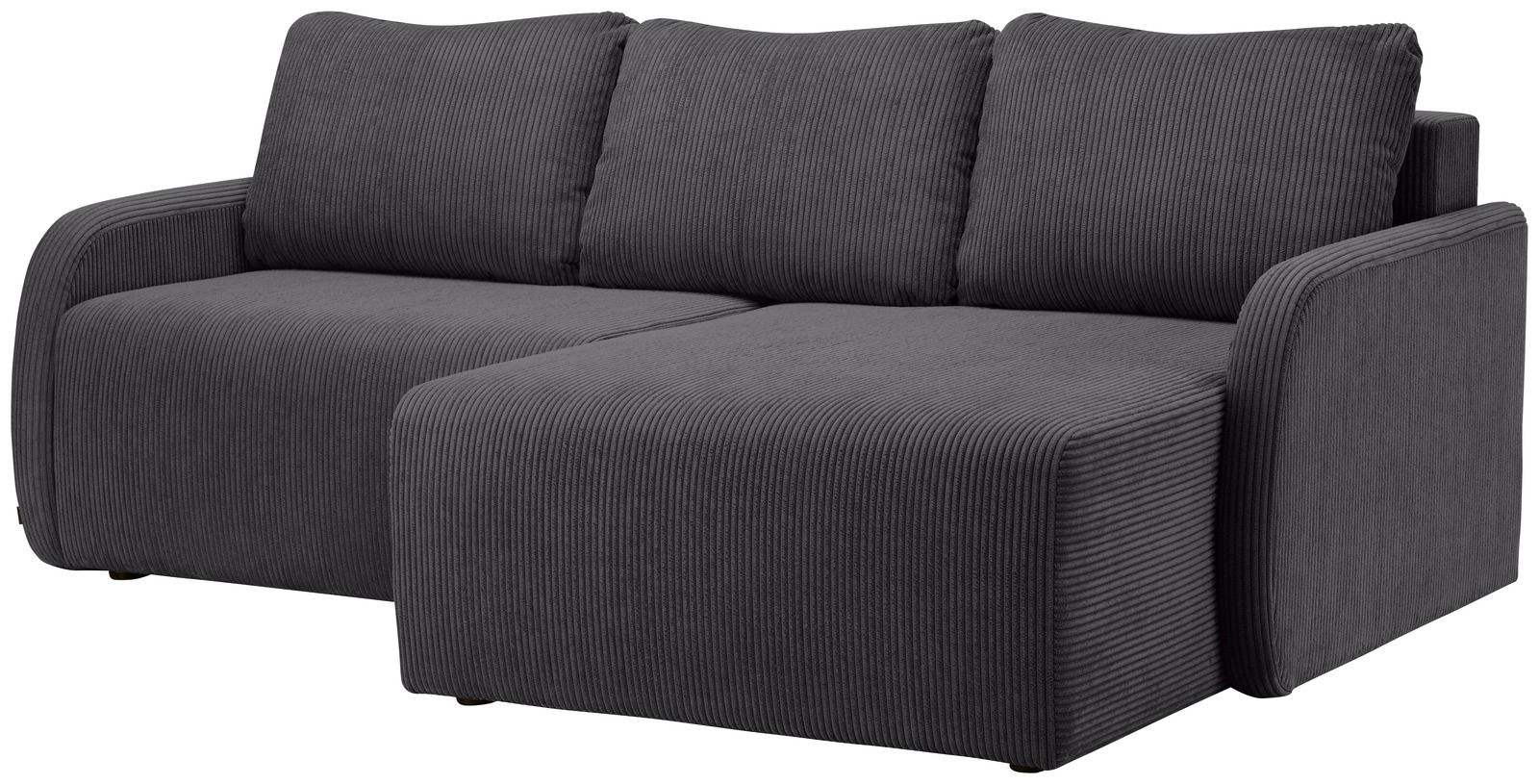 Graues Sofa mit drei Sitzplätzen und einer Ottomane, aus geripptem Stoff, Perspektive von vorne links