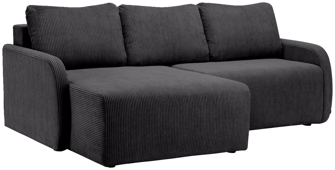 Z2 Ecksofa JENIFER Graues Sofa mit drei Sitzplätzen und einer Ottomane, aus geripptem Stoff, Perspektive von vorne links