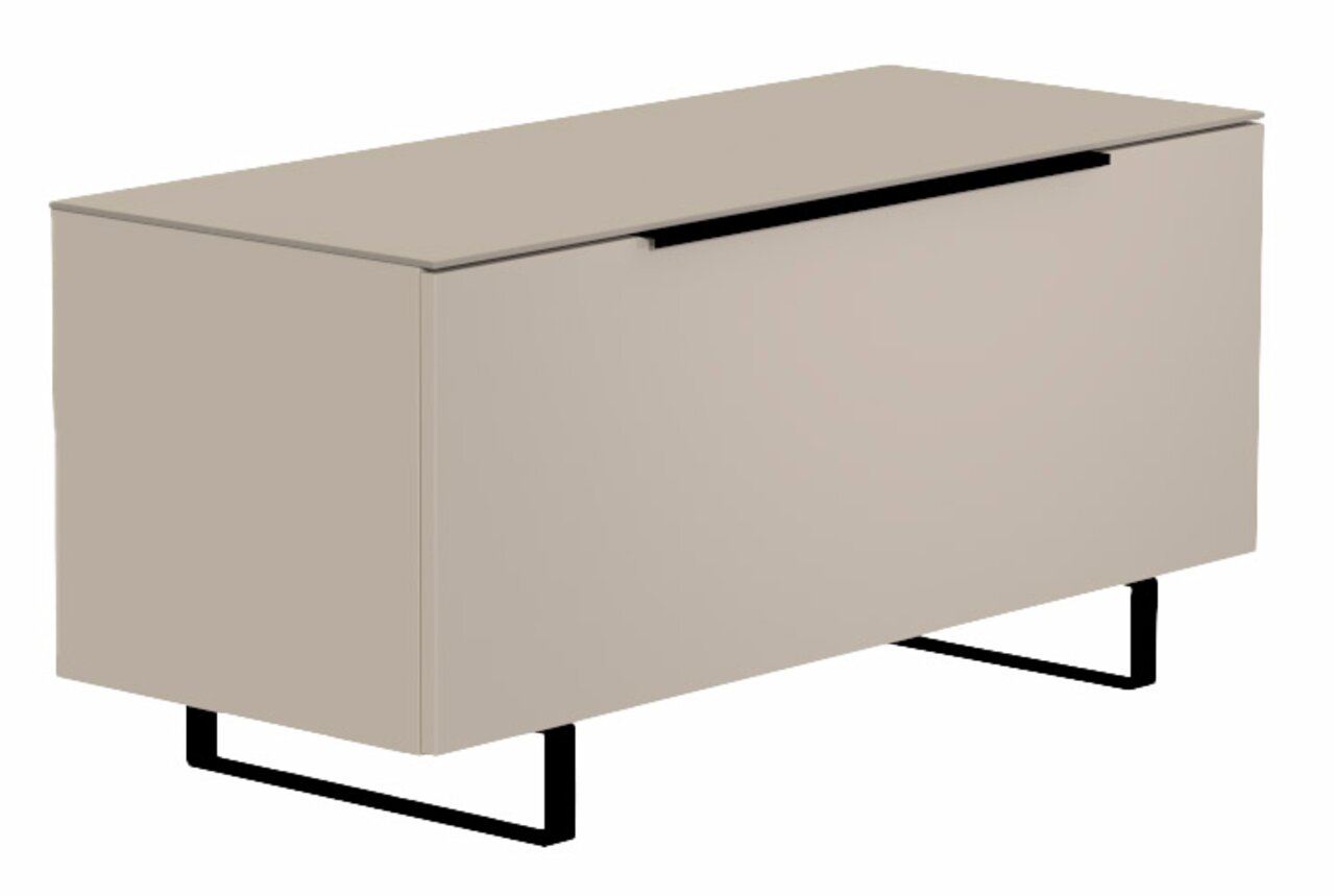 Modernes TV-Lowboard in Beige mit schwarzem Griff und Metallbeinen, seitliche Perspektive