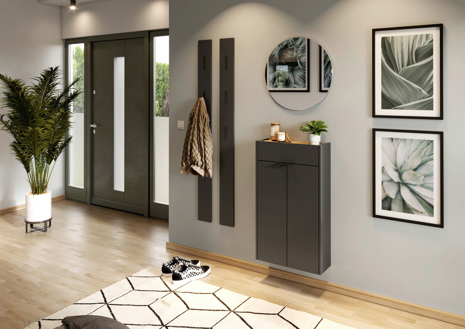 XORA Spiegel rund UNIVERSAL Moderner Eingangsbereich mit einem hängenden Schuhschrank in dunklem Design, rundem Spiegel und dekorativen Pflanzen, aus der Perspektive von links betrachtet.