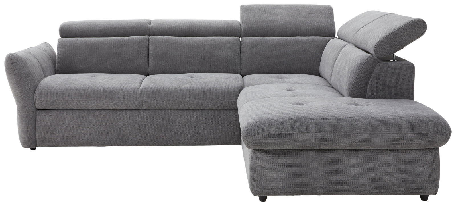 Graues Polsterecksofa MONSERAT mit verstellbaren Kopfstützen, Ansicht von vorne links.