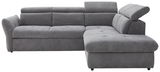 Graues Polsterecksofa MONSERAT mit verstellbaren Kopfstützen, Ansicht von vorne links.