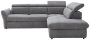 Graues Polsterecksofa MONSERAT mit verstellbaren Kopfstützen, Ansicht von vorne links.