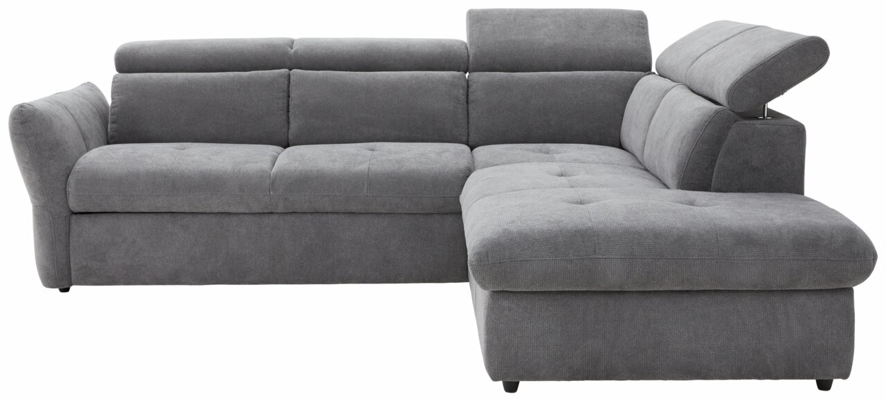 Graues Polsterecksofa MONSERAT mit verstellbaren Kopfstützen, Ansicht von vorne links.