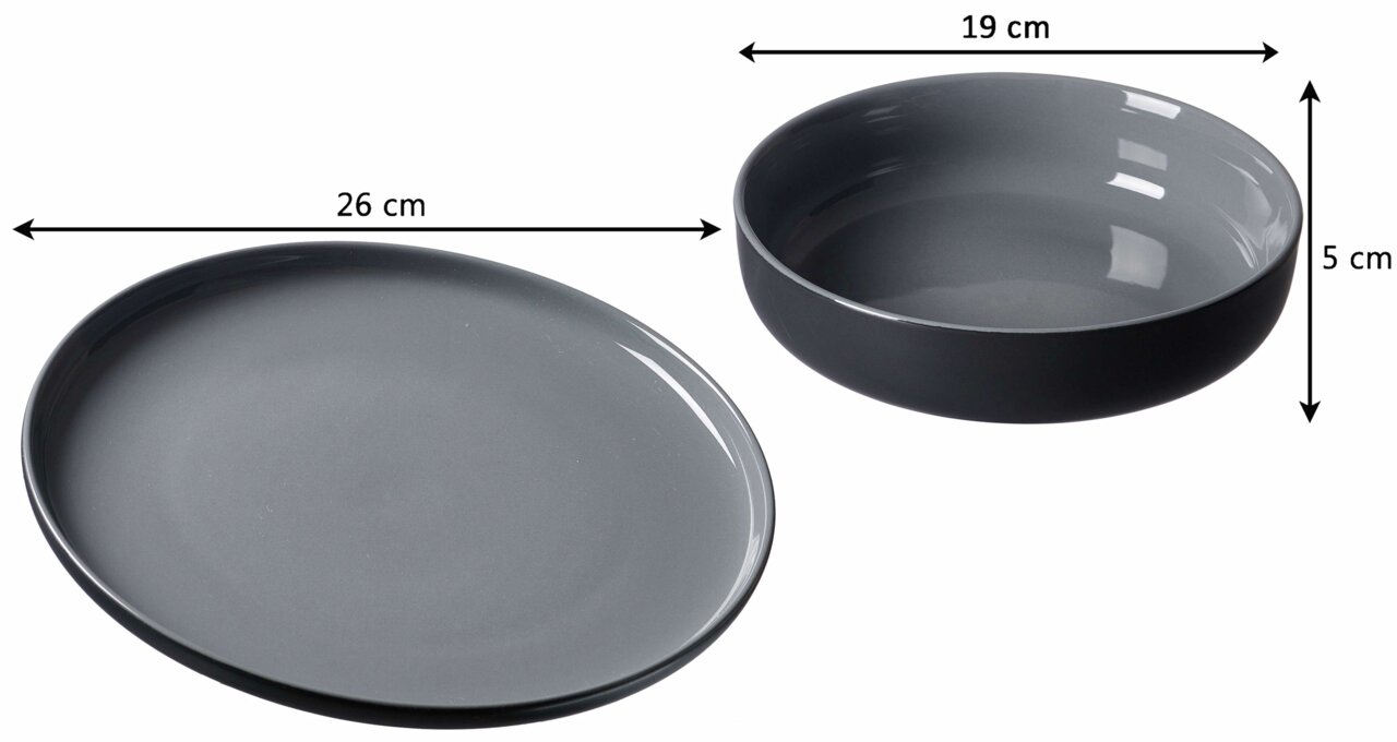 Zwei graue Teller aus dem Tafel-Set Jasper, einer flach mit 26 cm Durchmesser und einer tief mit 19 cm Durchmesser und 5 cm Höhe, von oben betrachtet.