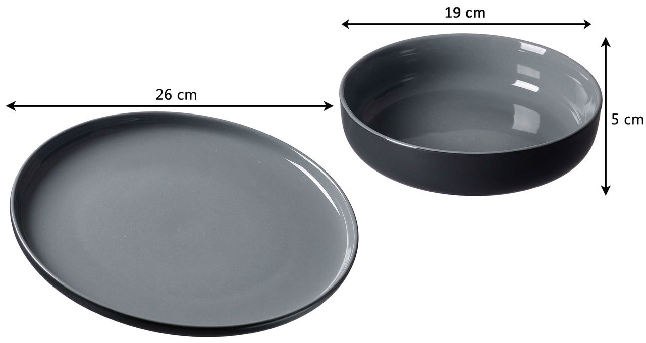 Zwei graue Teller aus dem Tafel-Set Jasper, einer flach mit 26 cm Durchmesser und einer tief mit 19 cm Durchmesser und 5 cm Höhe, von oben betrachtet.