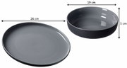 Zwei graue Teller aus dem Tafel-Set Jasper, einer flach mit 26 cm Durchmesser und einer tief mit 19 cm Durchmesser und 5 cm Höhe, von oben betrachtet.