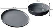 Zwei graue Teller aus dem Tafel-Set Jasper, einer flach mit 26 cm Durchmesser und einer tief mit 19 cm Durchmesser und 5 cm Höhe, von oben betrachtet.