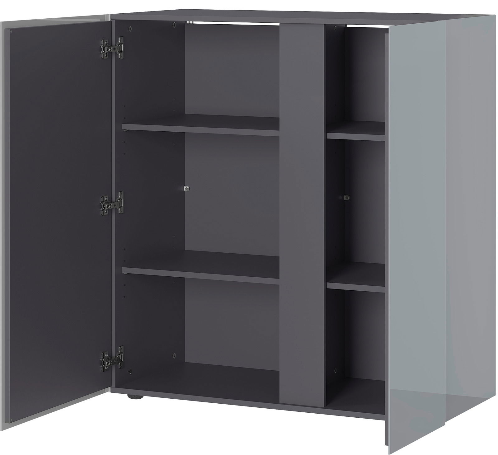 MID.YOU Kommode MESA Geöffnete Kommode in dunklem Grau mit mehreren Regalböden, seitliche Perspektive