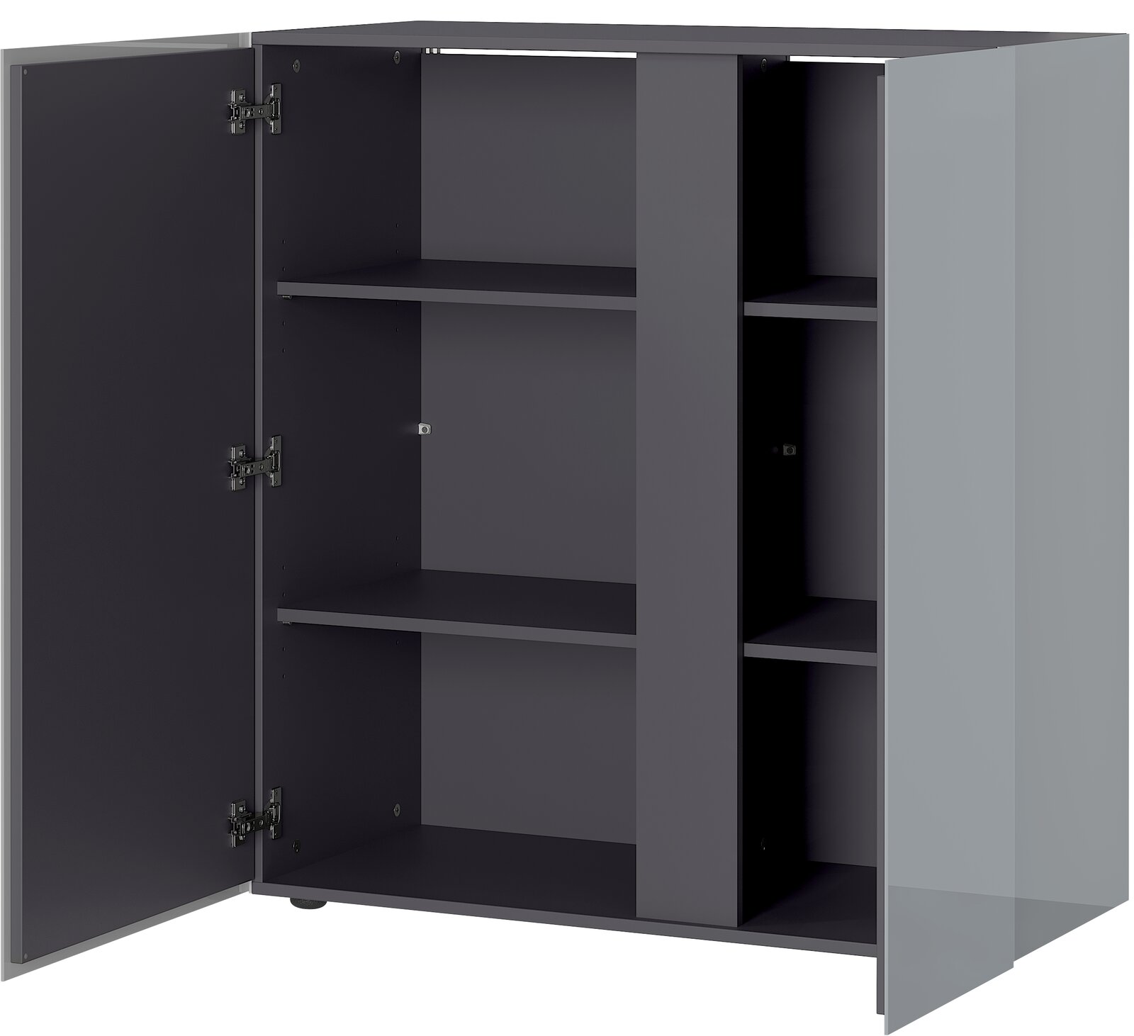 MID.YOU Kommode MESA Geöffnete Kommode in dunklem Grau mit mehreren Regalböden, seitliche Perspektive