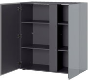 Geöffnete Kommode in dunklem Grau mit mehreren Regalböden, seitliche Perspektive