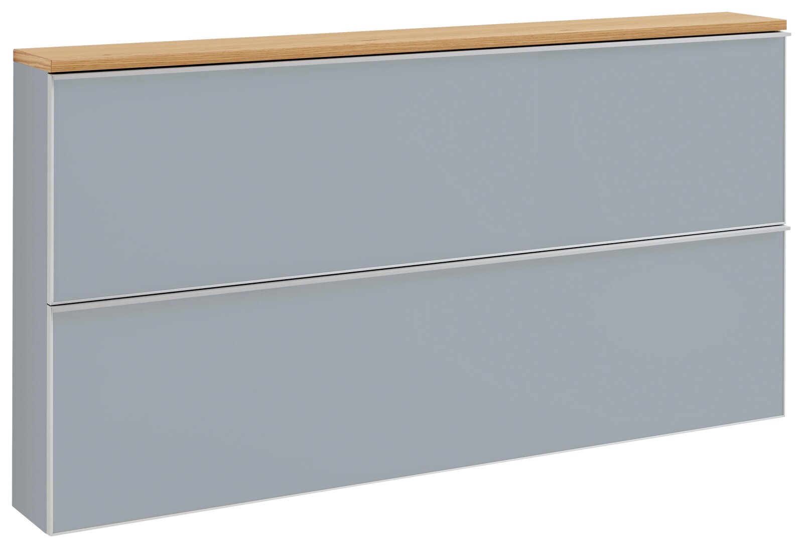 VOSS XL-Hängeschuhschrank flach VORTINA Modernes Sideboard/Schrank mit zwei großen, glatten Fronten in Hellgrau und Holzplatte, in schräger Frontansicht von links freigestellt