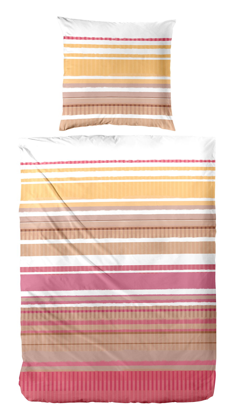 Primera Bettwäsche Bettwäsche-Set mit Streifenmuster in Gelb, Rosa und Weiß, aus der Vogelperspektive fotografiert.