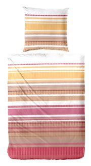 Beddengoedset met streepjesmotief in geel, roze en wit, gefotografeerd vanuit vogelperspectief.