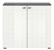 Weiße Kommode mit quadratischem Muster und zwei Türen, frontal abgebildet