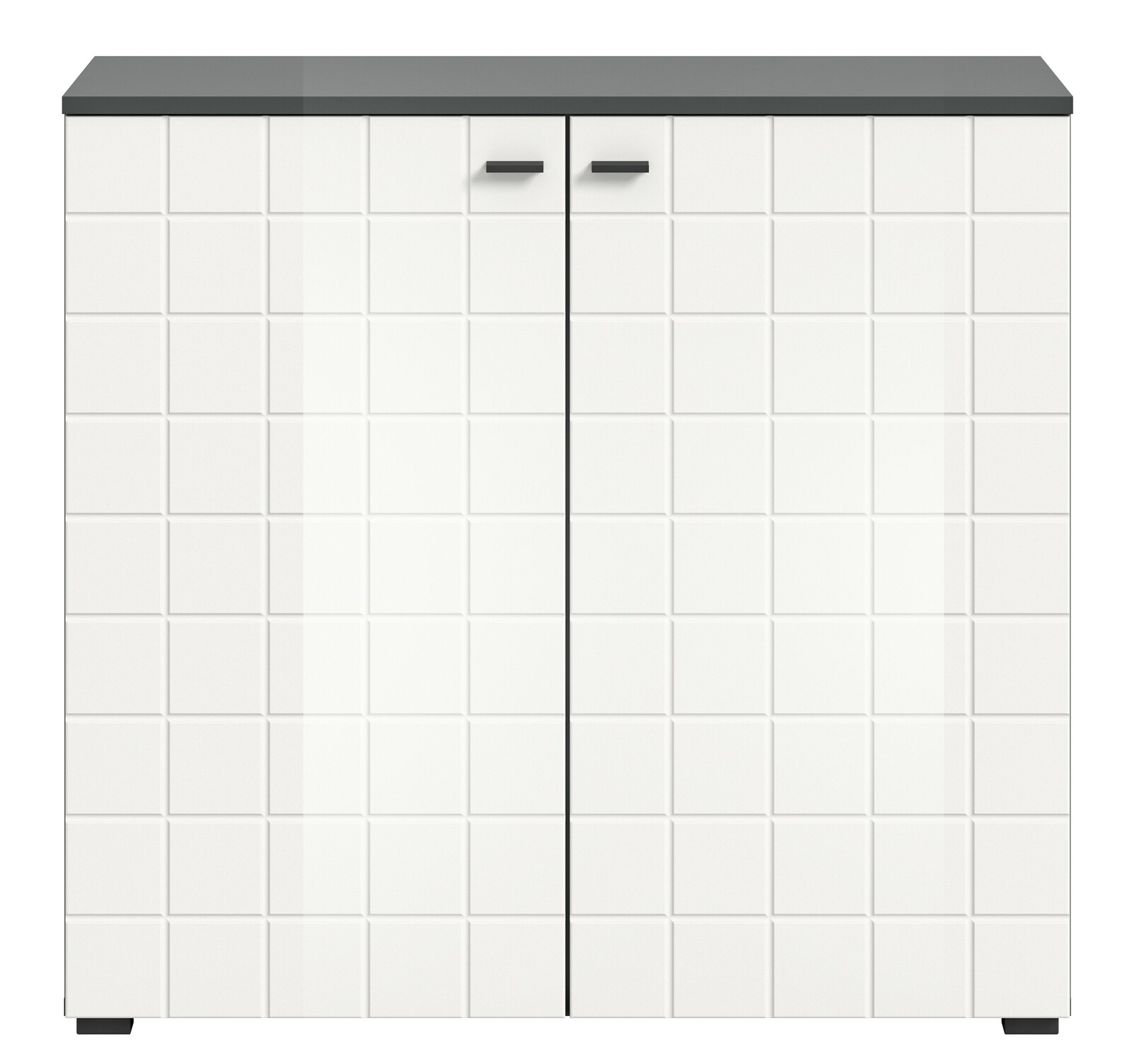 Weiße Kommode mit quadratischem Muster und zwei Türen, frontal abgebildet