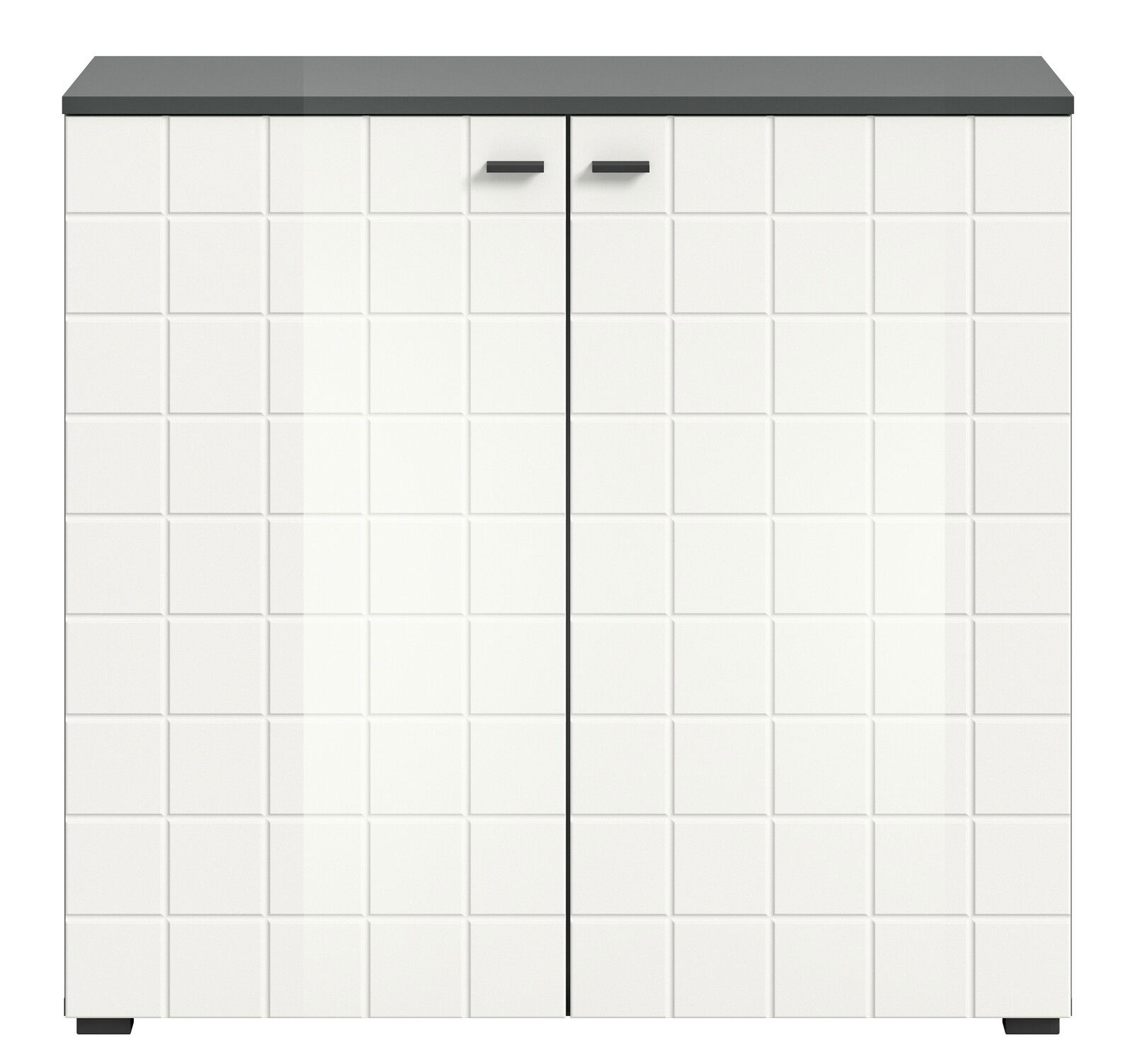 Weiße Kommode mit quadratischem Muster und zwei Türen, frontal abgebildet